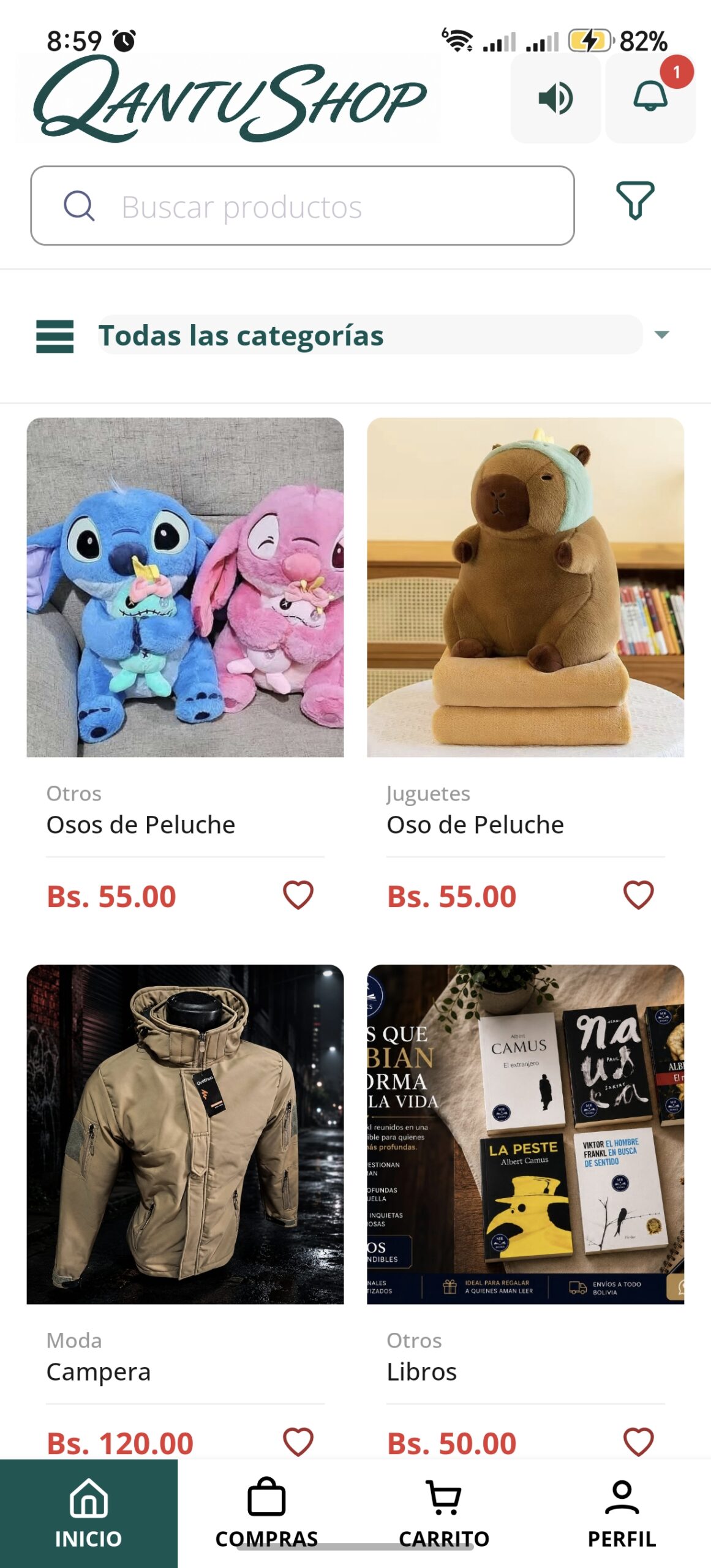Catálogo y categorías de ShopKantuta